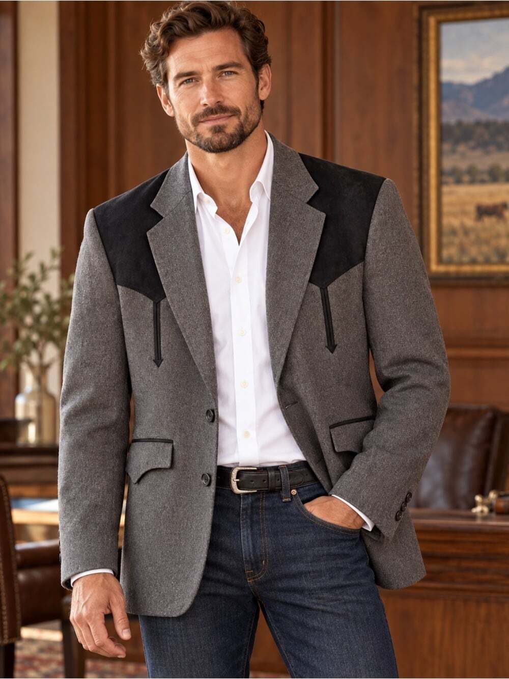 Circle S 42R Mens Western Blazer Grey Black Yoke Vintage Sport Coat USA